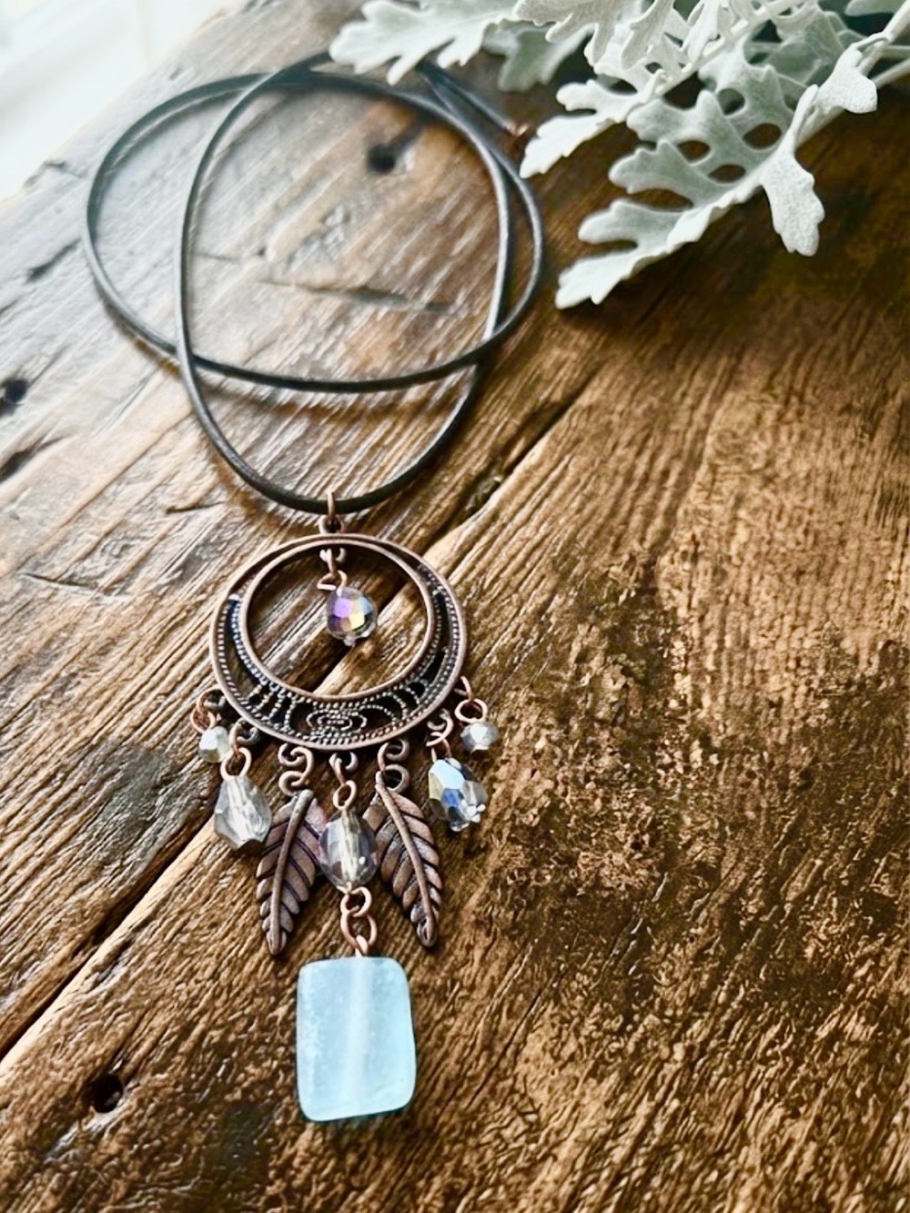 Bohemian Copper Dreamcatcher Pendant Necklace with Light Blue Gem
